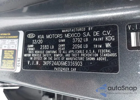 2021 Kia Forte Lxs из США, поврежденный, VIN 3KPF24AD6ME316903